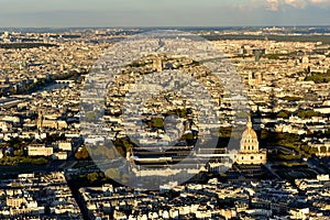 Paris from Eiffel Tower. Invalides and Notre Dame. Sunset, shadow from Tower. France.