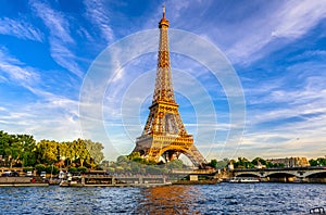 Paris Eiffel Tower and river Seine at sunset in Paris, France