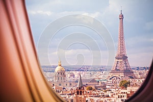 Paris and Eiffel tower view from plane window