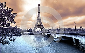Paris Eiffel Tower view from Seine. Vintage photo