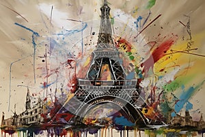 Paris Eiffle Tower Abstract colorful acrylic painting in Dali Styl Generative AI