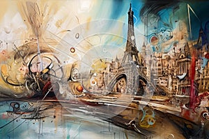 Paris Eiffle Tower Abstract colorful acrylic painting in Dali Styl Generative AI