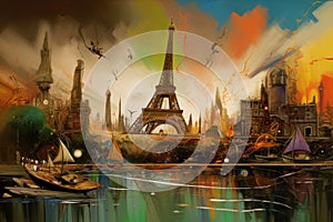 Paris Eiffle Tower Abstract colorful acrylic painting in Dali Styl Generative AI