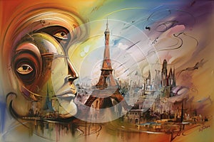 Paris Eiffle Tower Abstract colorful acrylic painting in Dali Styl Generative AI