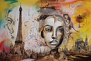 Paris Eiffle Tower Abstract colorful acrylic painting in Dali Styl Generative AI photo