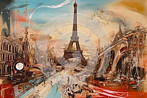 Paris Eiffle Tower Abstract colorful acrylic painting in Dali Styl Generative AI photo