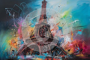 Paris Eiffle Tower Abstract colorful acrylic painting in Dali Styl Generative AI photo