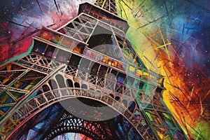 Paris Eiffle Tower Abstract colorful acrylic painting in Dali Styl Generative AI photo