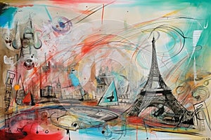 Paris Eiffle Tower Abstract colorful acrylic painting in Dali Styl Generative AI photo