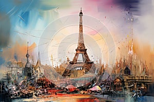 Paris Eiffle Tower Abstract colorful acrylic painting in Dali Styl Generative AI photo