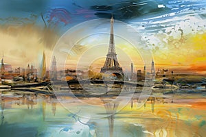 Paris Eiffle Tower Abstract colorful acrylic painting in Dali Styl Generative AI photo