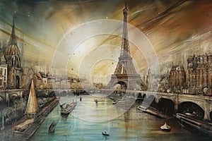 Paris Eiffle Tower Abstract colorful acrylic painting in Dali Styl Generative AI photo