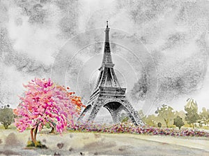 Paris European city. France, eiffel tower watercolor painting.