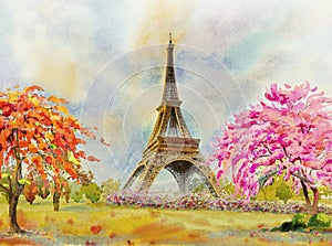 Paris European city. France, eiffel tower watercolor painting.