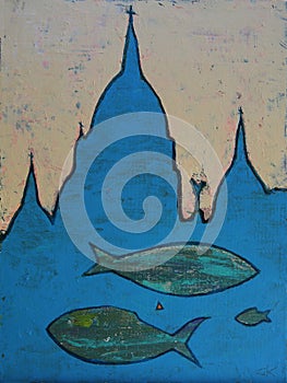 Paris fishes - abstract art painting