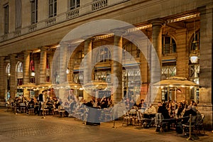 Paris, France - 02 02 2022: A bar between columns and entrance in the Domaine National du Palais-Royal