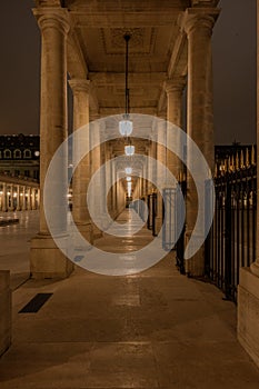 Paris, France - 02 02 2022: Columns and entrance in the Domaine National du Palais-Royal