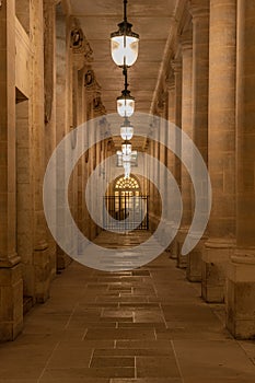 Paris, France - 02 02 2022: Columns and entrance in the Domaine National du Palais-Royal