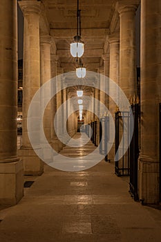 Paris, France - 02 02 2022: Columns and entrance in the Domaine National du Palais-Royal