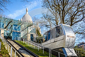 A cabin of the Montmartre funicular going up to the basilica of the Sacred Heart of Paris