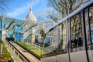 A cabin of the Montmartre funicular going up to the basilica of the Sacred Heart of Paris