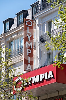 Exterior view of the building of the Olympia, also known as Olympia Hall, Paris, France