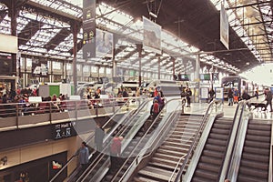 PARIS, FRANCE - APRIL 14, 2015: Interior of Gare de Lyon - Paris, France. The station is served by high-speed TGV trains to south