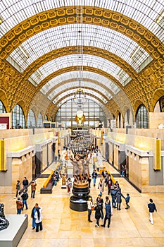 PARIS, FRANCE - APRIL 15, 2023: Main hall of Orsay Museum, French: Musee d Orsay, in former train station building