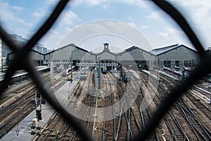 Paris, France - April 2, 2019: railroads in train station saint lazare