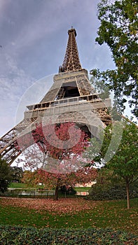 Paris, France - architectural landmark - Eiffel tower rising towards the blue sky