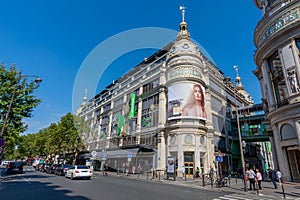 Burberry Goddess advertising billboard on the facade of the Printemps Haussmann, Paris, France