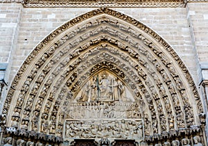 Last Judgment Portal on Notre Dame Cathedra's facade in Paris photo