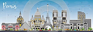 Paris France City Skyline with Color Buildings and Blue Sky