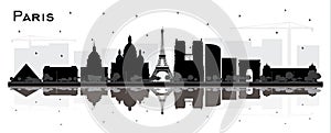 Paris France City Skyline Silhouette with Black Buildings and Reflections Isolated on White