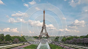 Paris France city skyline time lapse at Eiffel Tower and Trocadero Gardens
