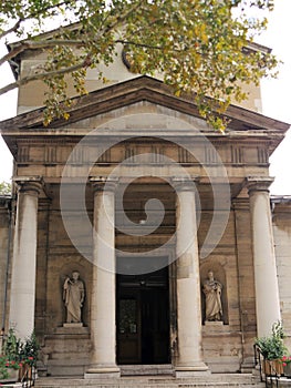 Paris, France, Date 8.13.2018, Time 11 o`clock and 34 minutes.Entrance front and entrance of the church, Notre-Dame de la Nativit