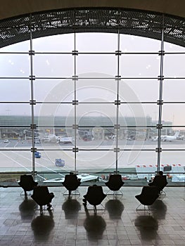 Paris, France, December 12, 2018. Recreation area with comfortable seating and a beautiful view at the airport of Paris Charles de