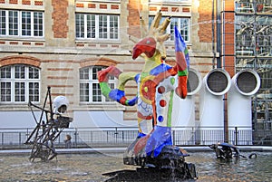 PARIS, FRANCE -17 DECEMBER 2011: The Stravinsky Fountain near the Centre Georges Pompidou by sculptors Jean Tinguely and Niki de