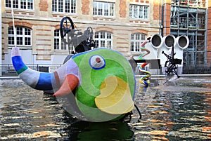 PARIS, FRANCE -17 DECEMBER 2011: The Stravinsky Fountain near the Centre Georges Pompidou