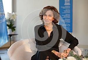 PARIS,FRANCE-DECEMBER 21,2021: UNESCO Director-General Audrey Azoulay during an interview with Russian television