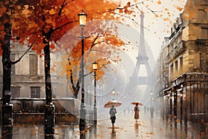 Paris, France. Eiffel Tower in the background. Watercolor painting, A painting depicting a Paris street in autumn with a man