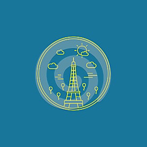 Paris France Eiffel Tower monoline line art city landmark badge emblem in happy sunny day theme