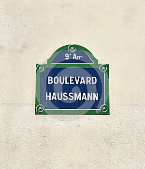 Boulevard Haussmann street sign close-up. Paris, France.