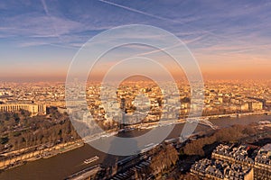 Paris France famous Eiffel Tower view during sunset from top of tower to city landmark