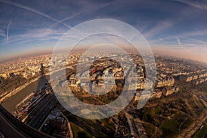 Paris France famous Eiffel Tower view during sunset from top of tower to city landmark