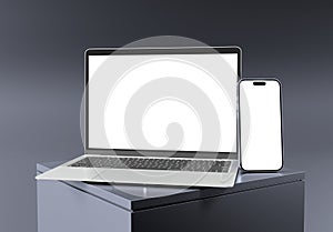 PARIS - France - February 27, 2024: Newly released Apple Macbook Air and Iphone 15, Silver color. Side view. 3d rendering laptop