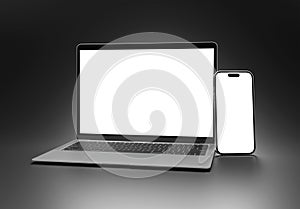 PARIS - France - February 27, 2024: Newly released Apple Macbook Air and Iphone 15, Silver color. Side view. 3d rendering laptop