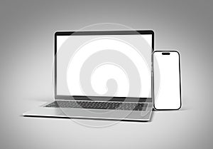 PARIS - France - February 27, 2024: Newly released Apple Macbook Air and Iphone 15, Silver color. Side view. 3d rendering laptop