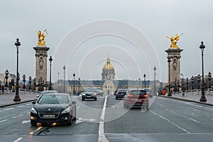 Paris, France - 20.01.2019: Historic bridge Pont Alexandre III over the River Seine and palace les Invalides in Paris France