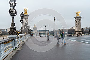 Paris, France - 20.01.2019: Historic bridge Pont Alexandre III over the River Seine and palace les Invalides in Paris France